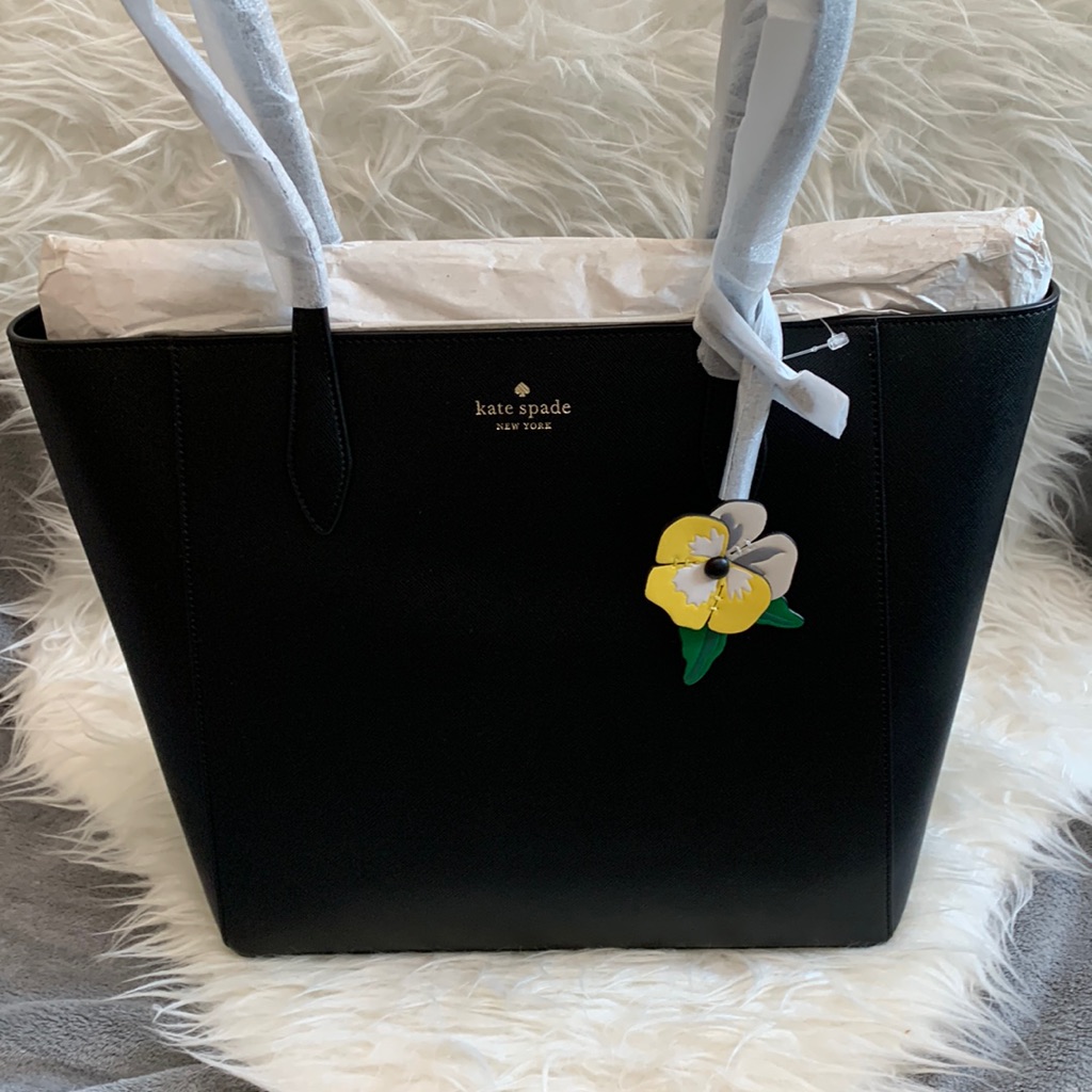 Kate Spade Dana Tote Top Zip Shoulder Bag Black Yellow Flower Charm Nwt